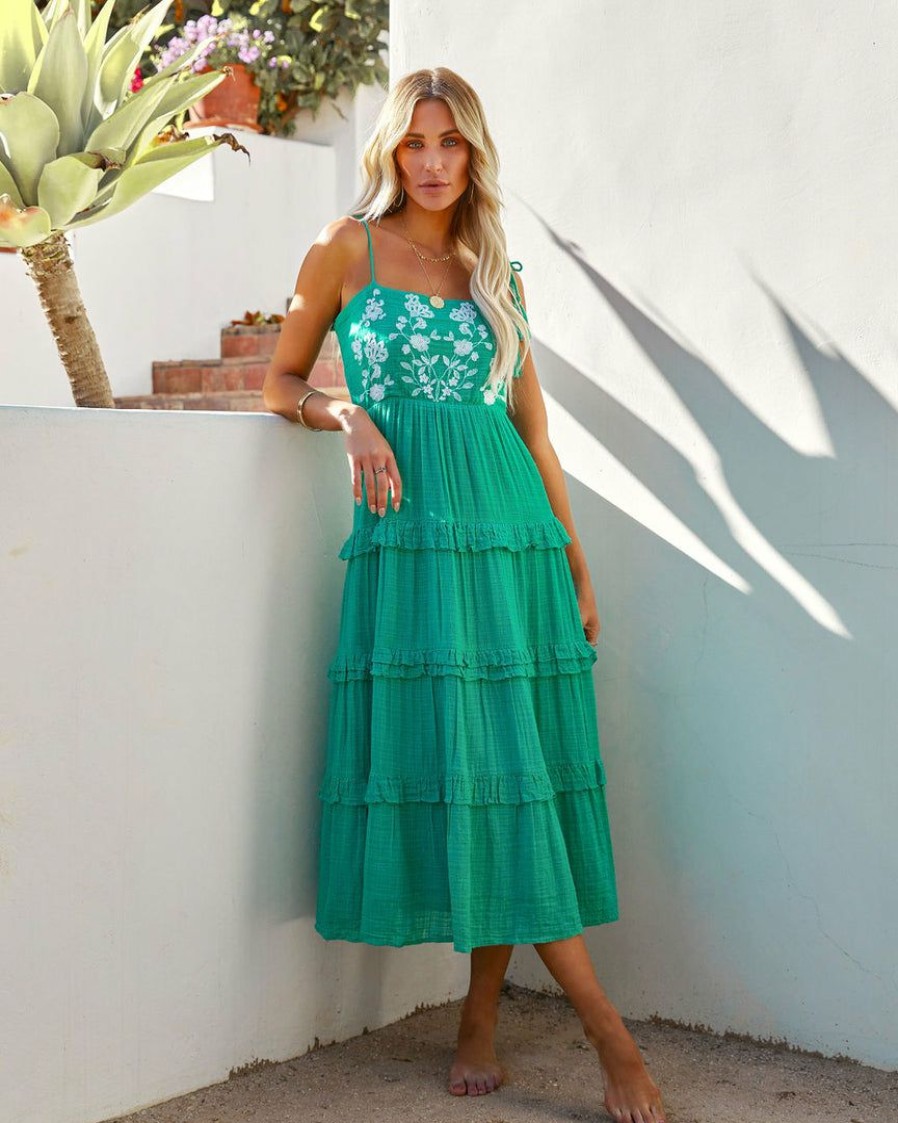 Clothing * | Enc-001 Parisa Embroidered Tiered Midi Dress Green Dresses