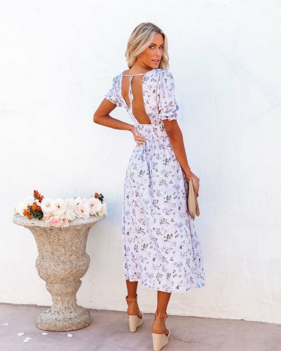 Clothing * | Fore-001 Sweet Summertime Fabiola Floral Puff Sleeve Midi Dress Lilac Final Sale