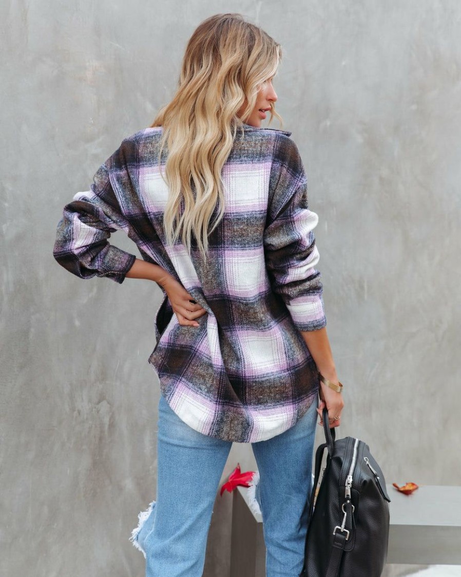 Clothing * | Stac-001 Hometown Pocketed Plaid Shacket Lavender Final Sale Coats & Jackets