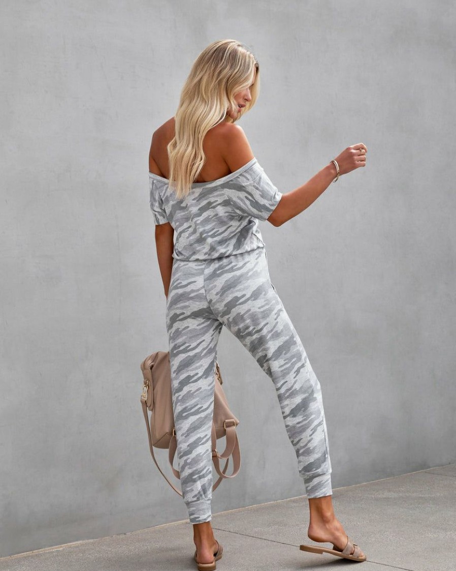 Clothing * | Elan-001 Rompers + Jumpsuits Hidden Treasure Pocketed Camo Knit Jumpsuit Light Grey