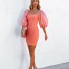 Clothing * | On T-001 Villy Puff Sleeve Bodycon Dress Peach Dresses