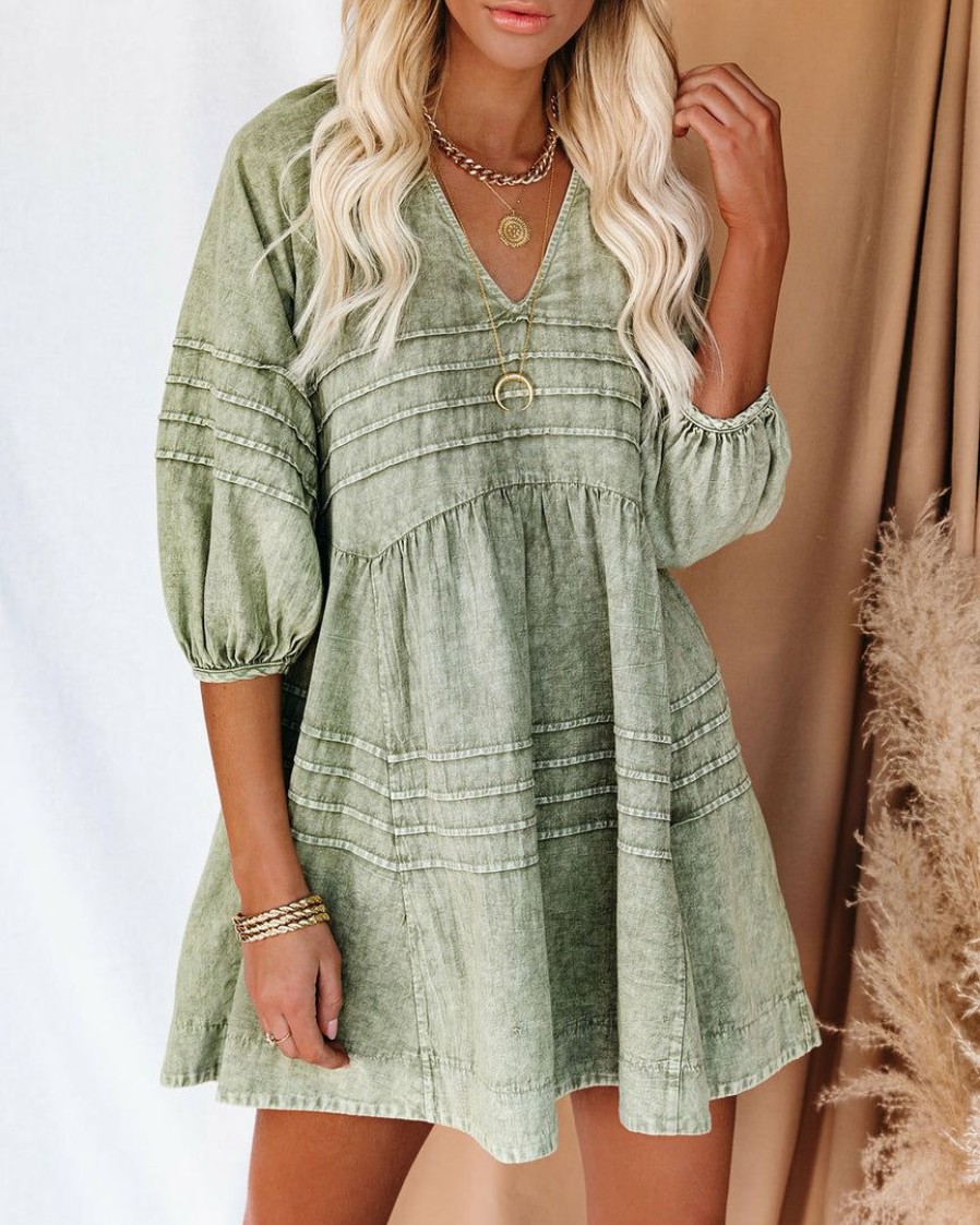 Clothing * | Must-001 Dresses Irvine Cotton Pocketed Denim Babydoll Dress Washed Olive