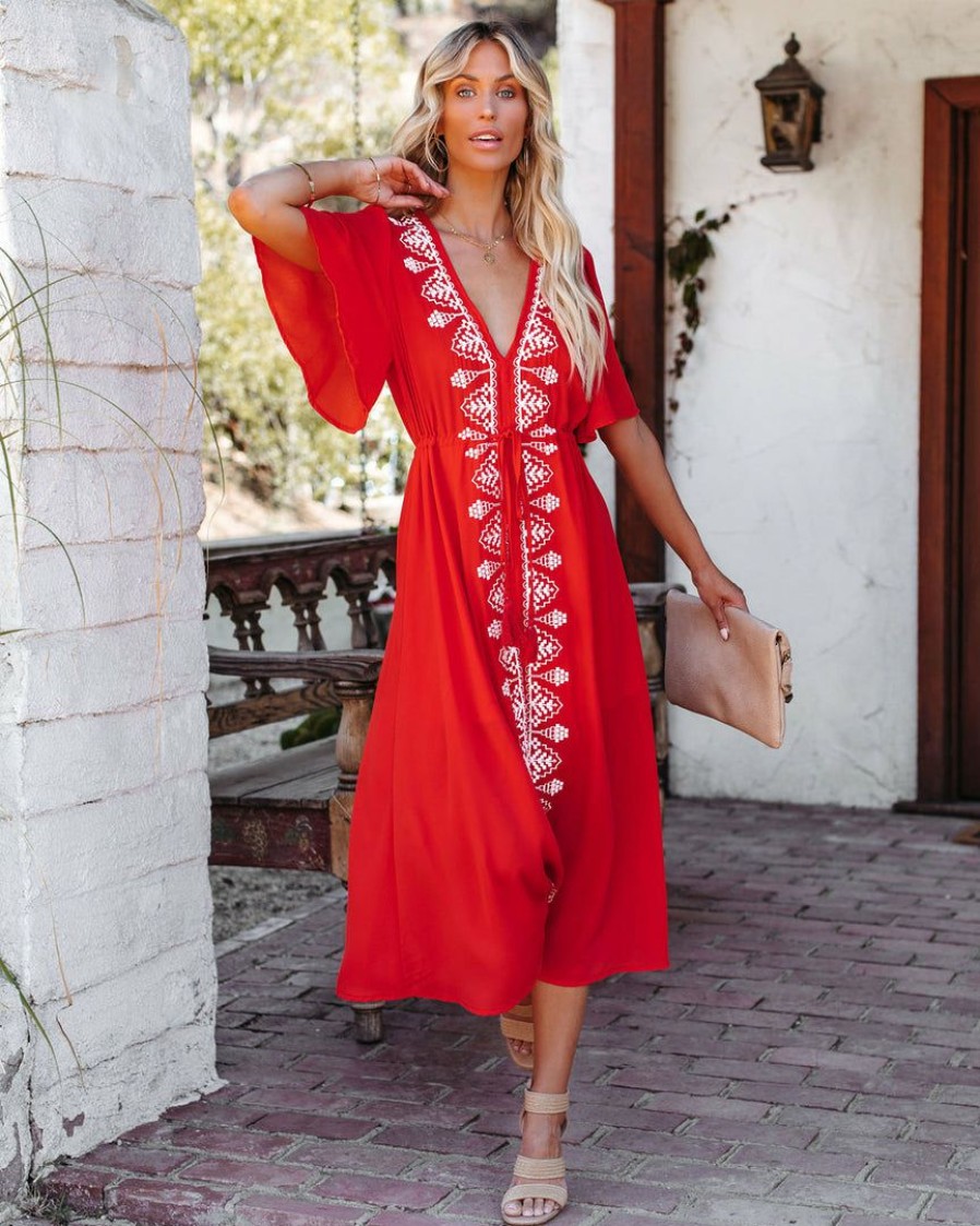 Clothing * | Stru-001 Presidio Embroidered Tassel Midi Dress Tomato Red Final Sale Take Me To Miami