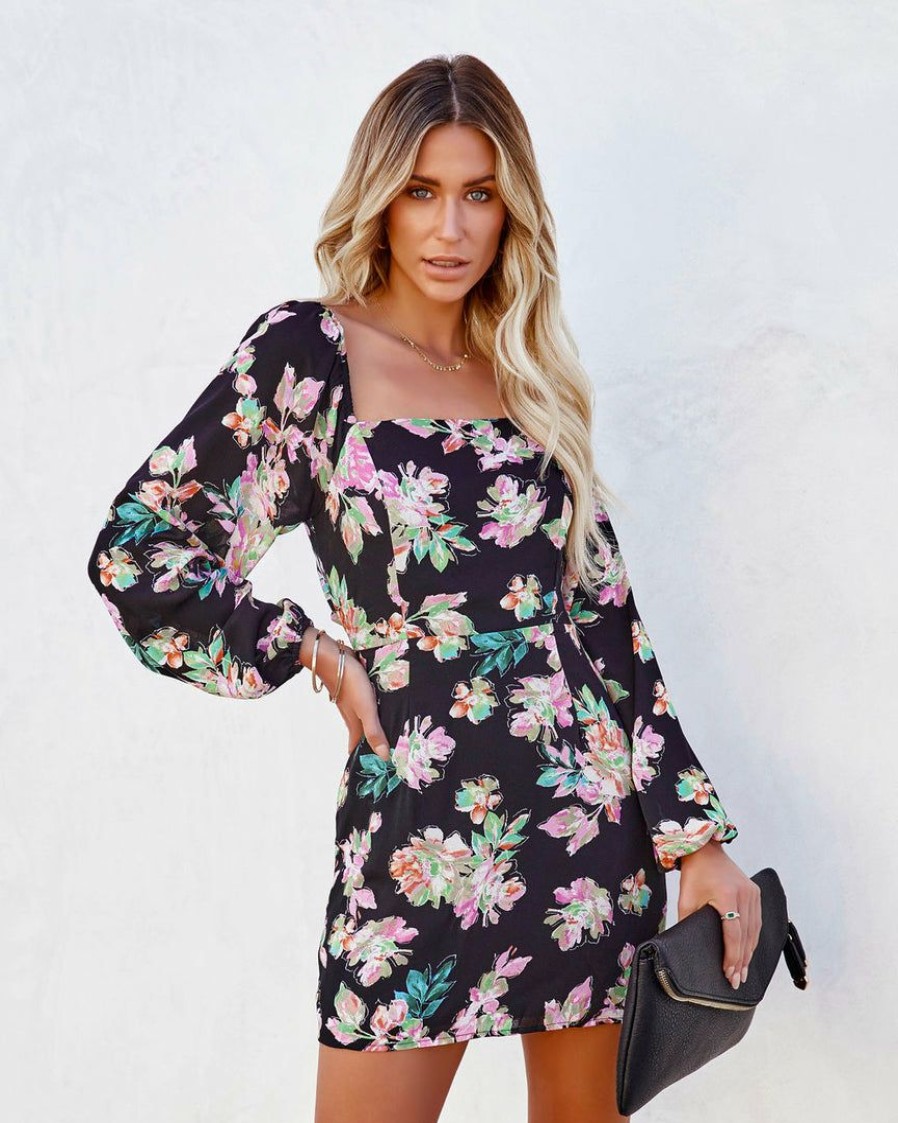 Clothing * | Lush-001 Isla Floral Square Neck Mini Dress Black Multi