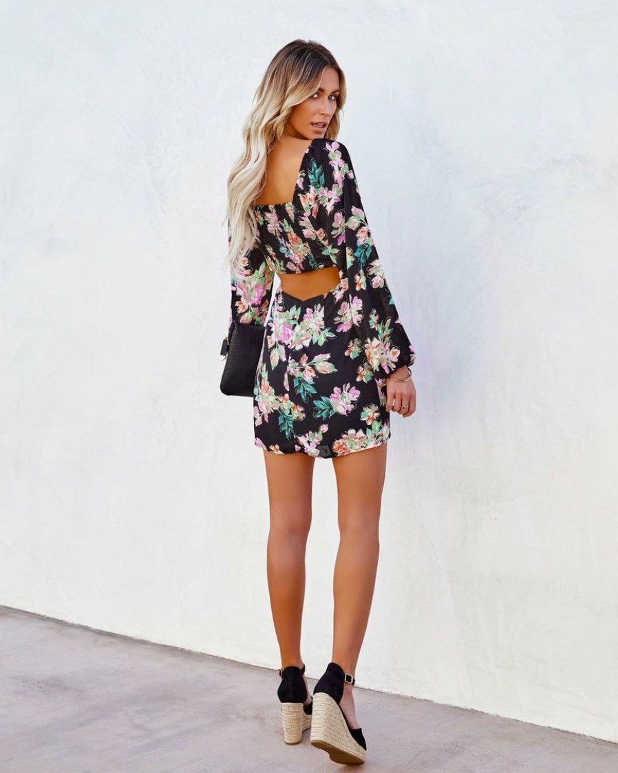 Clothing * | Lush-001 Isla Floral Square Neck Mini Dress Black Multi