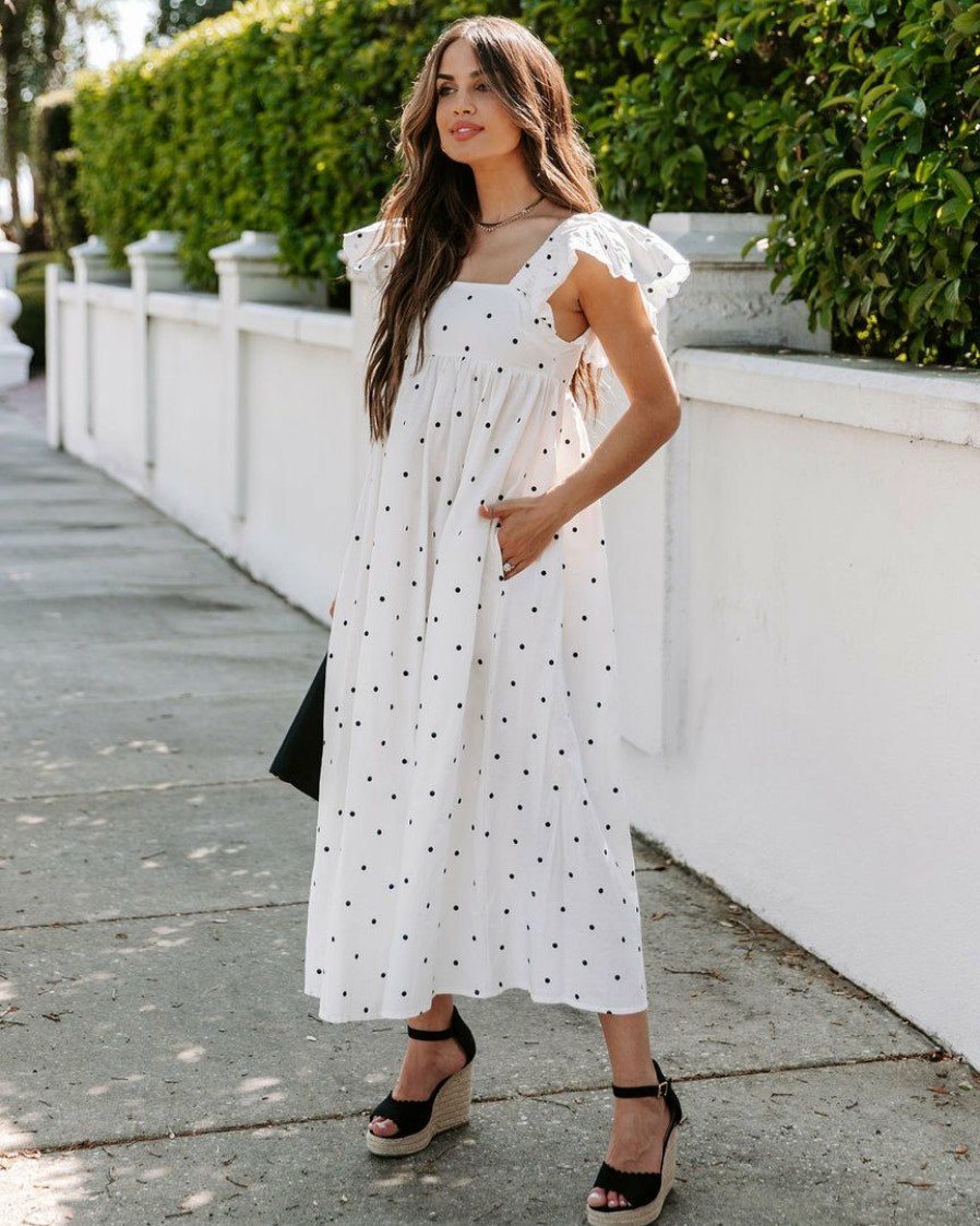 Clothing * | Dee-001 Edith Cotton Pocketed Polka Dot Midi Dress White Final Sale