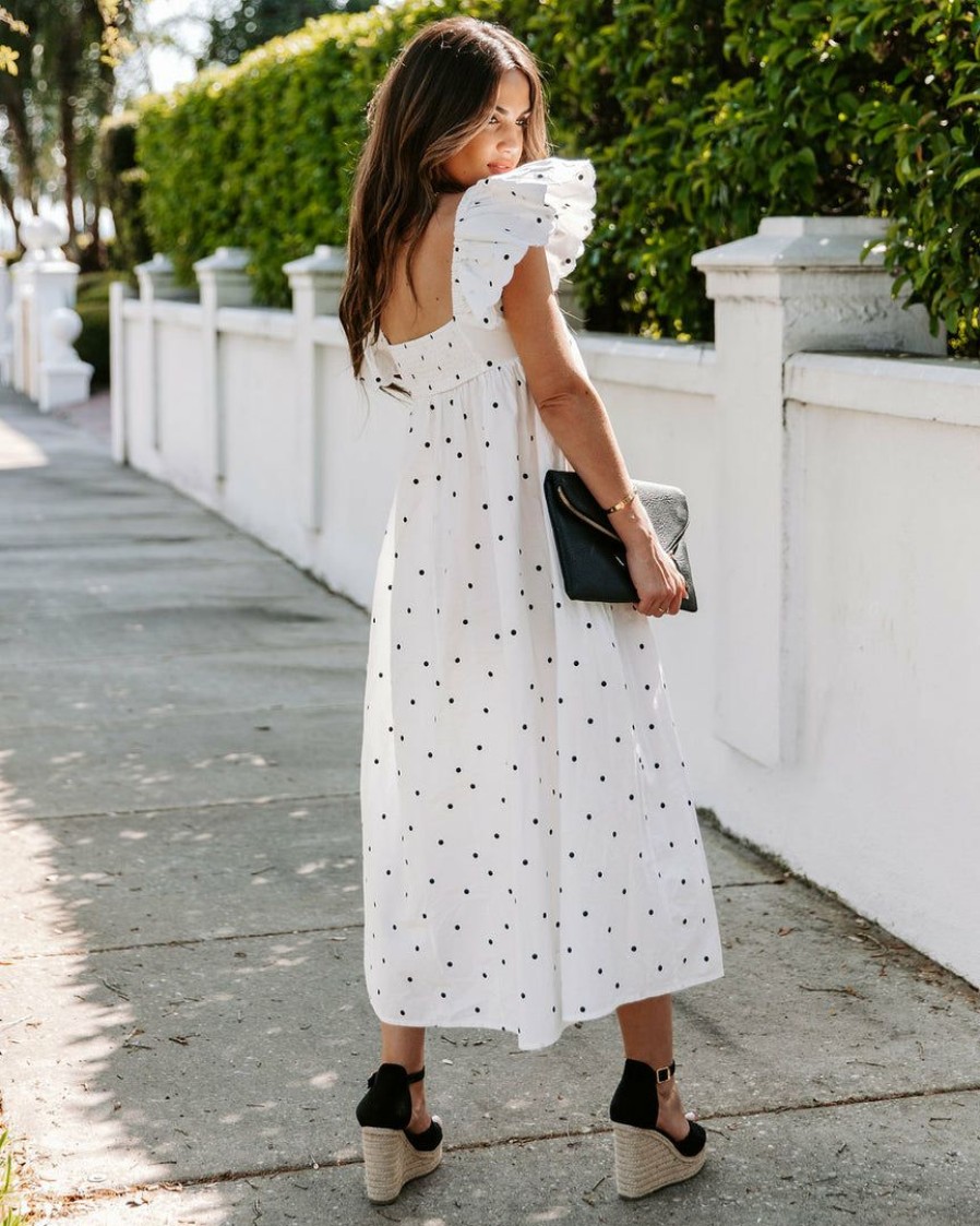 Clothing * | Dee-001 Edith Cotton Pocketed Polka Dot Midi Dress White Final Sale