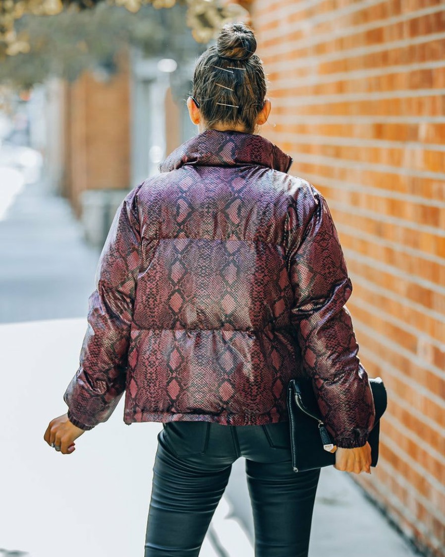 Clothing * | Tcec-001 Giada Pocketed Python Puffer Jacket Burgundy Final Sale Coats & Jackets