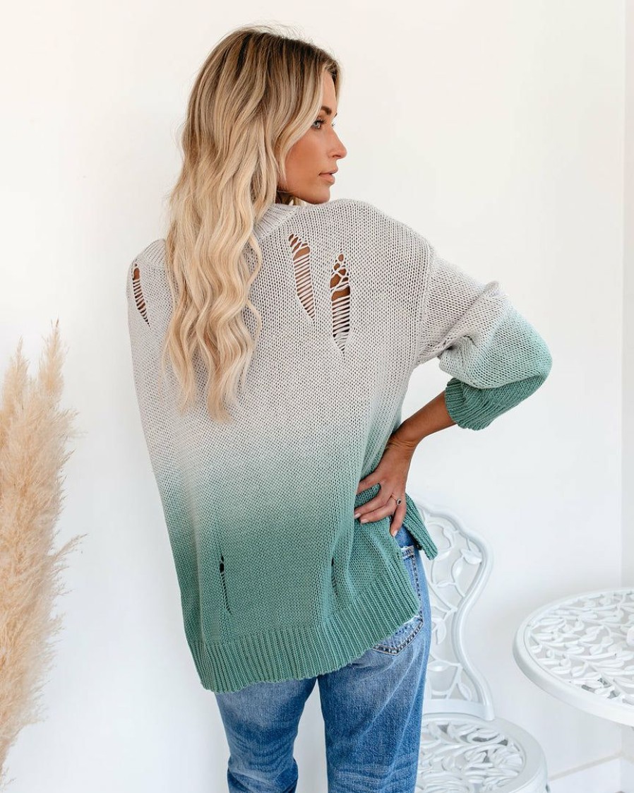 Clothing * | Fate-001 Sweaters Below Deck Cotton Distressed Ombre Sweater Seafoam