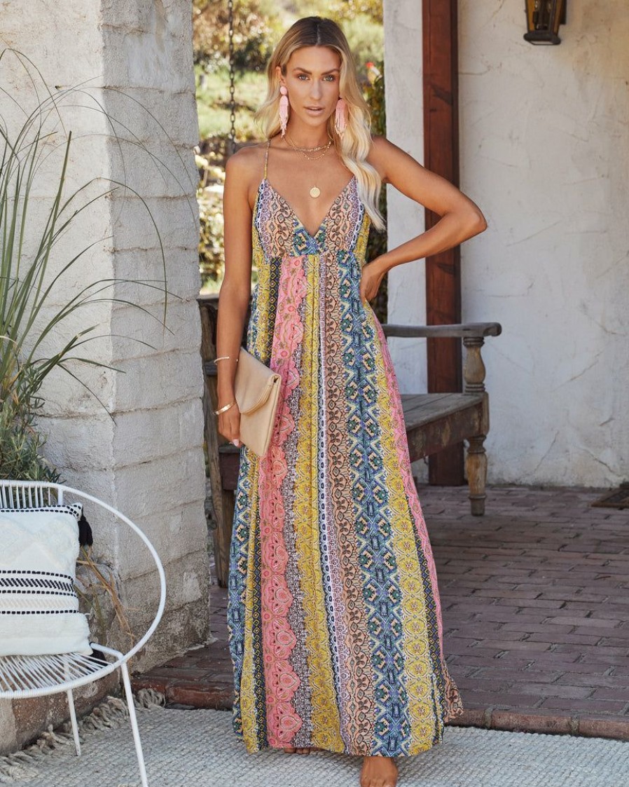 Clothing * | Love-003 Turks + Caicos Printed Shimmer Maxi Dress Pink Multi