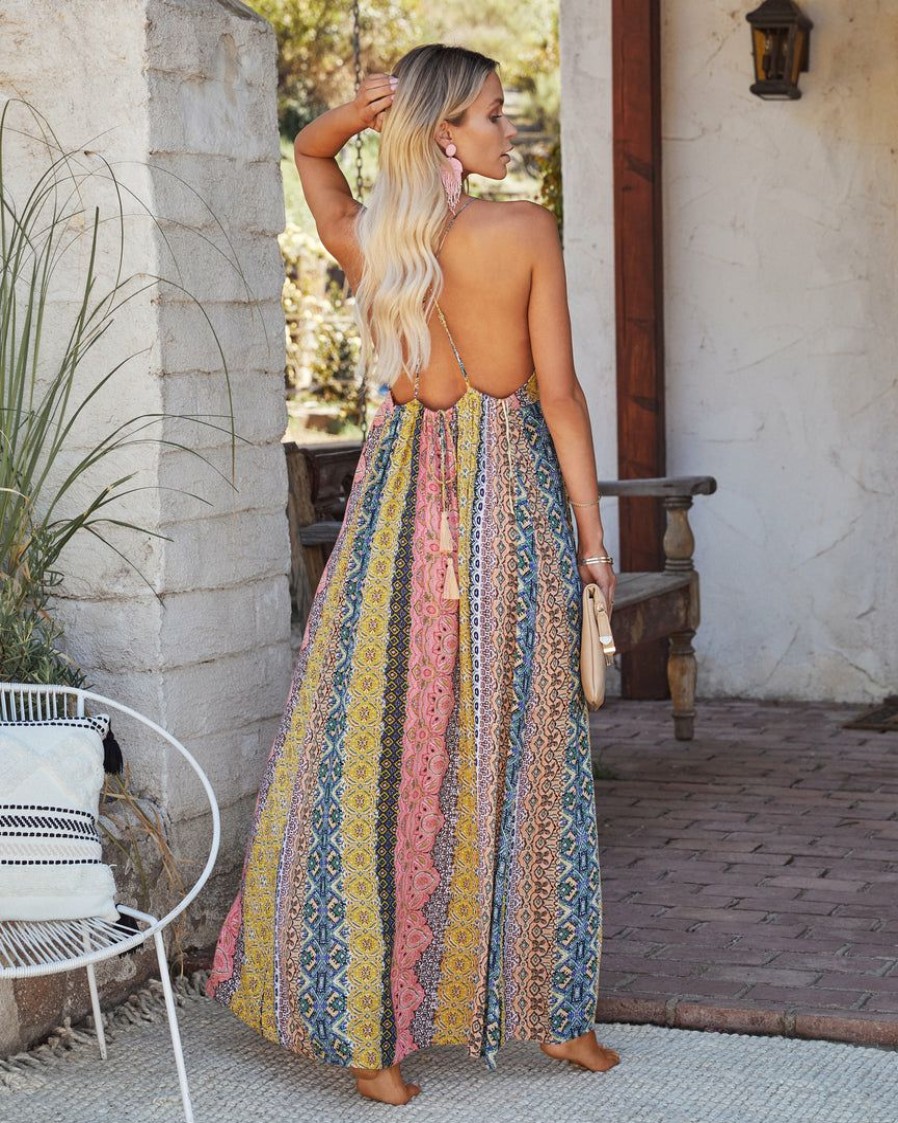 Clothing * | Love-003 Turks + Caicos Printed Shimmer Maxi Dress Pink Multi