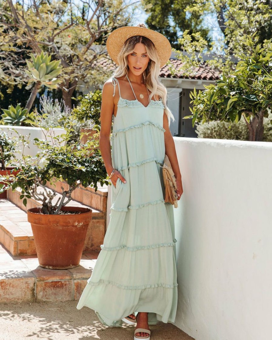 Clothing * | Fate-001 Photoshoot Ready Leighton Pocketed Ruffle Tiered Maxi Dress Misty Jade Final Sale