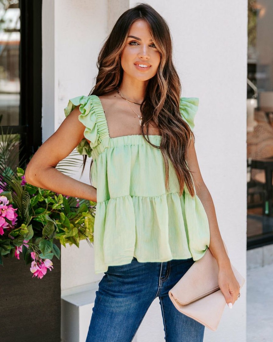 Clothing * | Blue-001 Keevan Ruffle Babydoll Tank Pale Lime Final Sale Tops