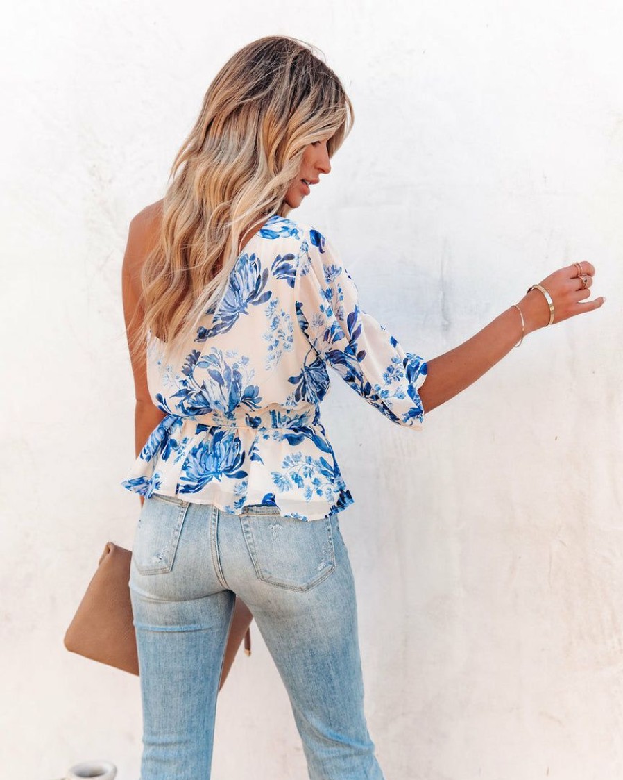 Clothing * | Btfl-001 Tops Vargo Floral One Shoulder Peplum Blouse Blue