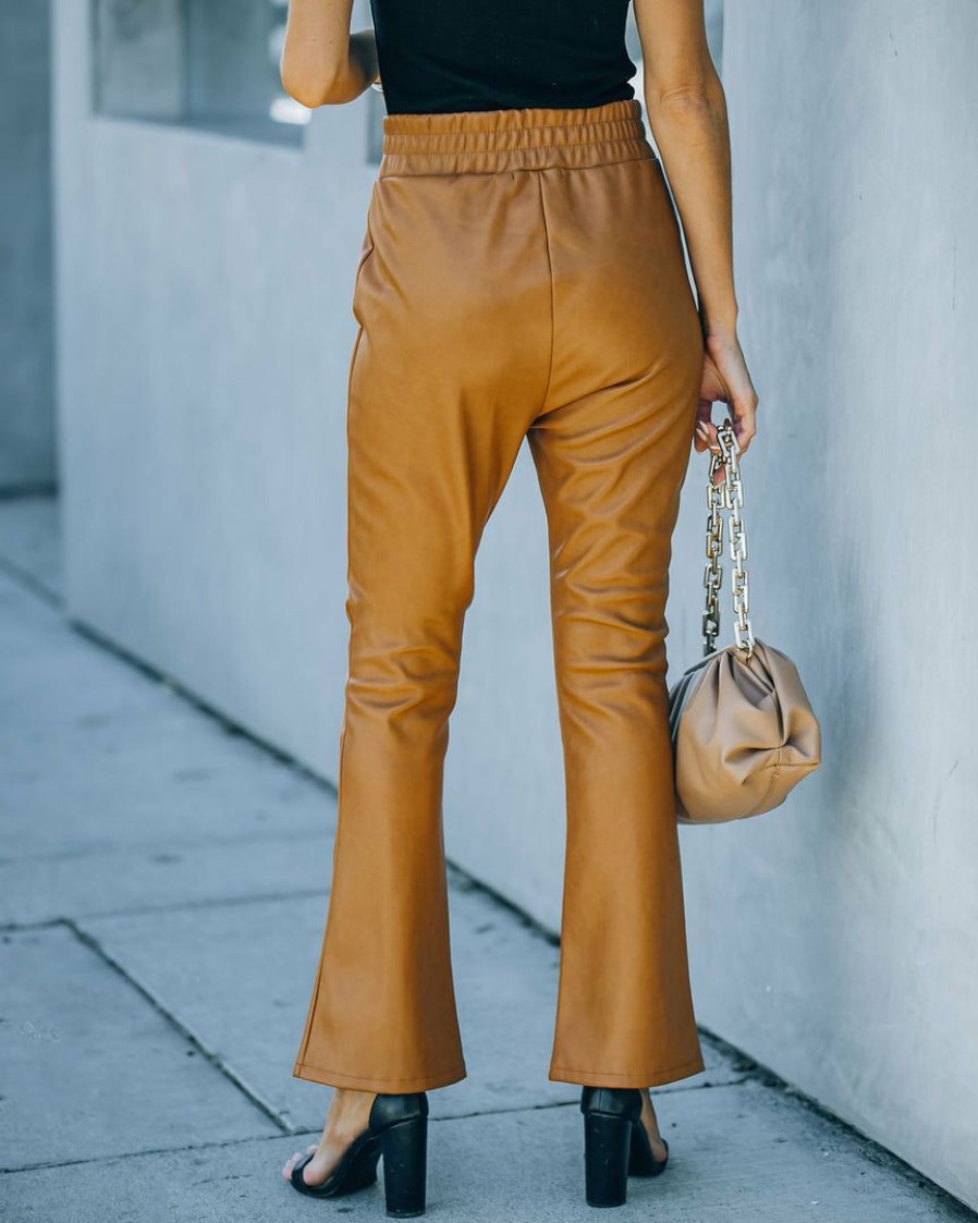 Clothing * | Baga-001 Vira High Rise Faux Leather Flare Pants Cognac Final Sale Bottoms