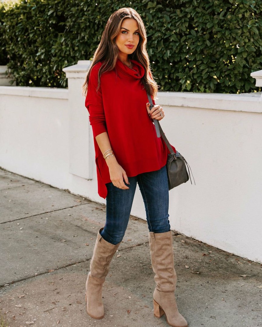 Clothing * | Tea-002 The More The Merrier Cowl Neck Knit Sweater Red Sweaters