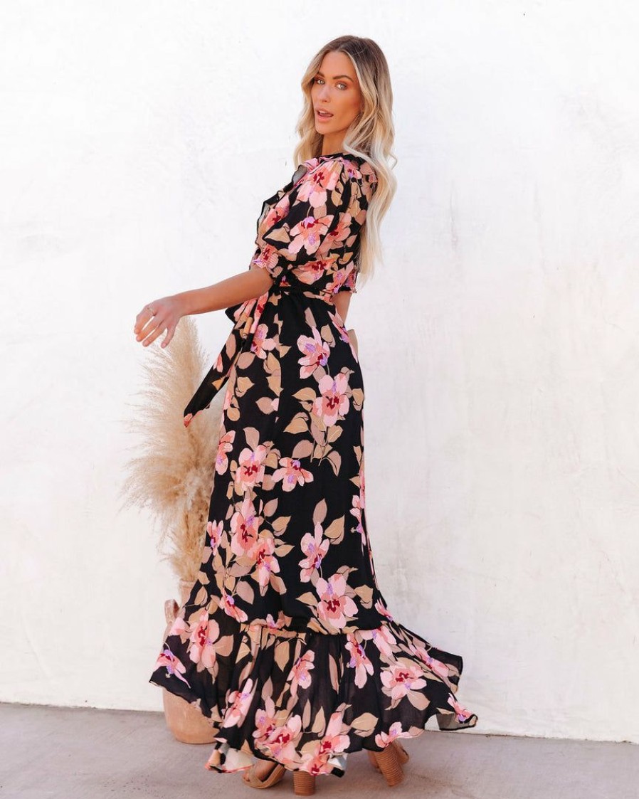 Clothing * | Btfl-001 Dresses Kassidy Floral Wrap Maxi Dress Black Multi Final Sale