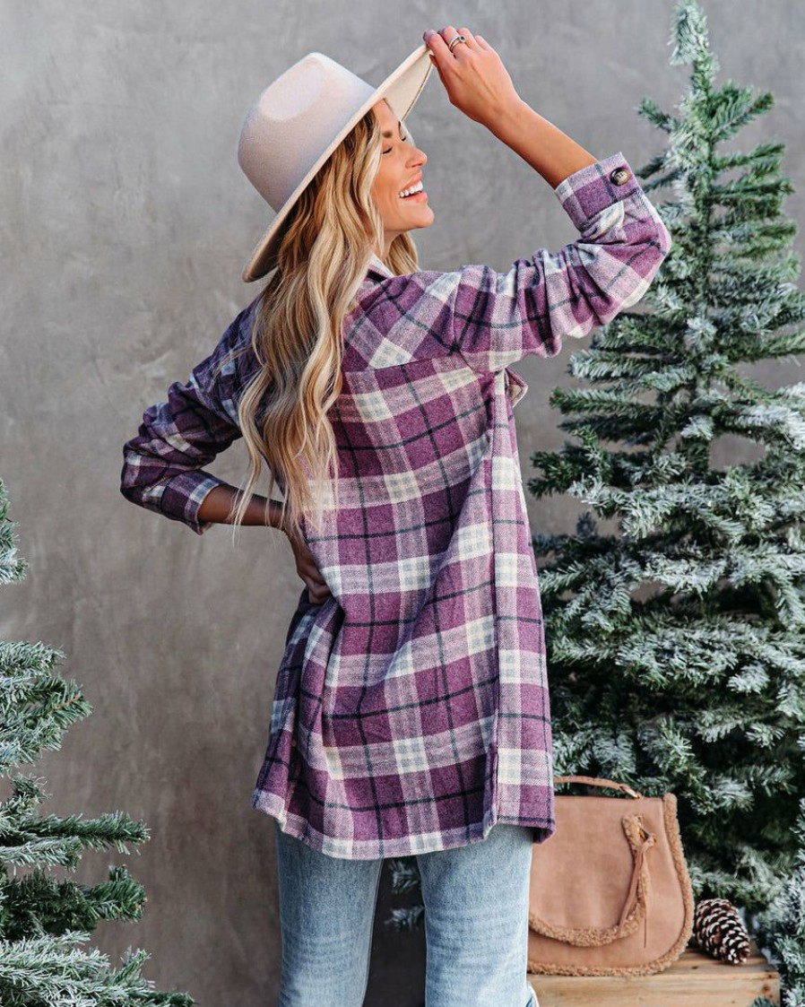 Clothing * | Hem-001 Conny Plaid Button Down Shacket Purple Final Sale