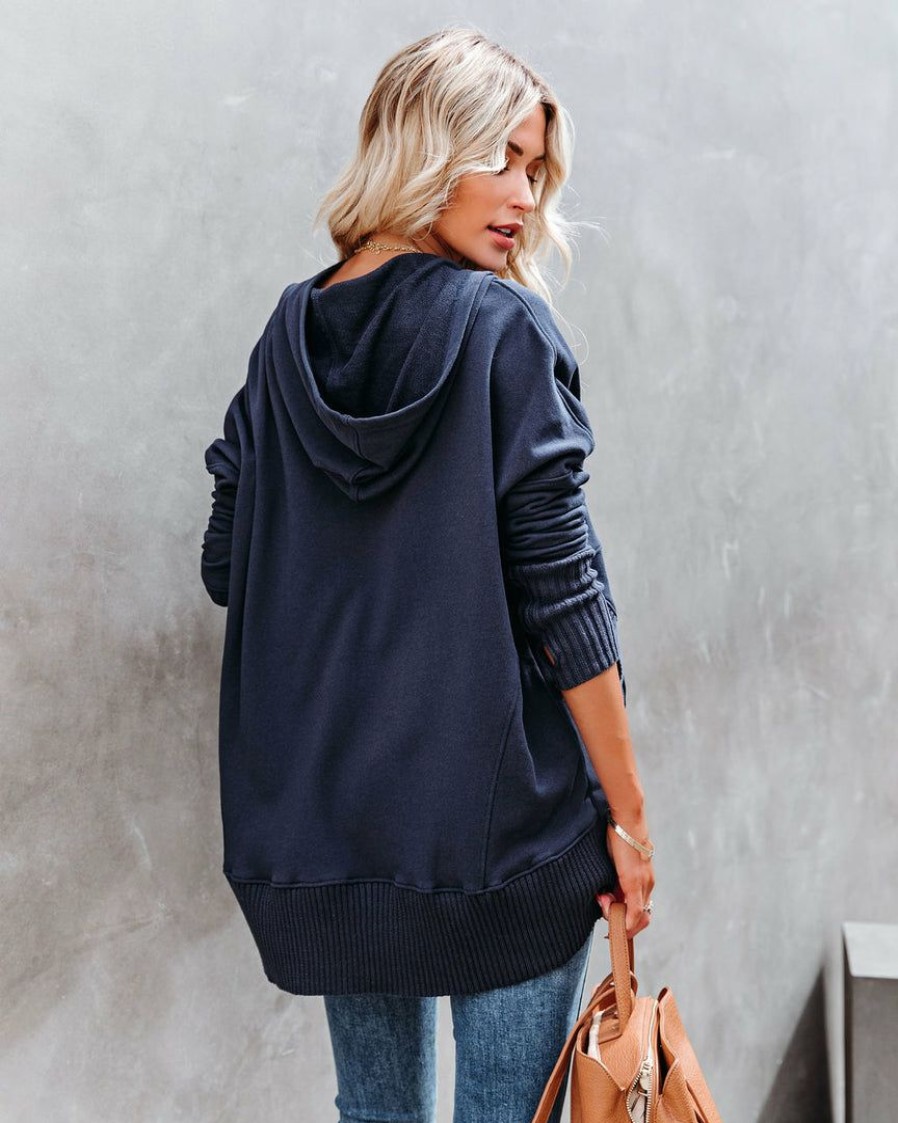 Clothing * | Buck-001 Mindful Cotton Pocketed Henley Hoodie Navy Sweaters