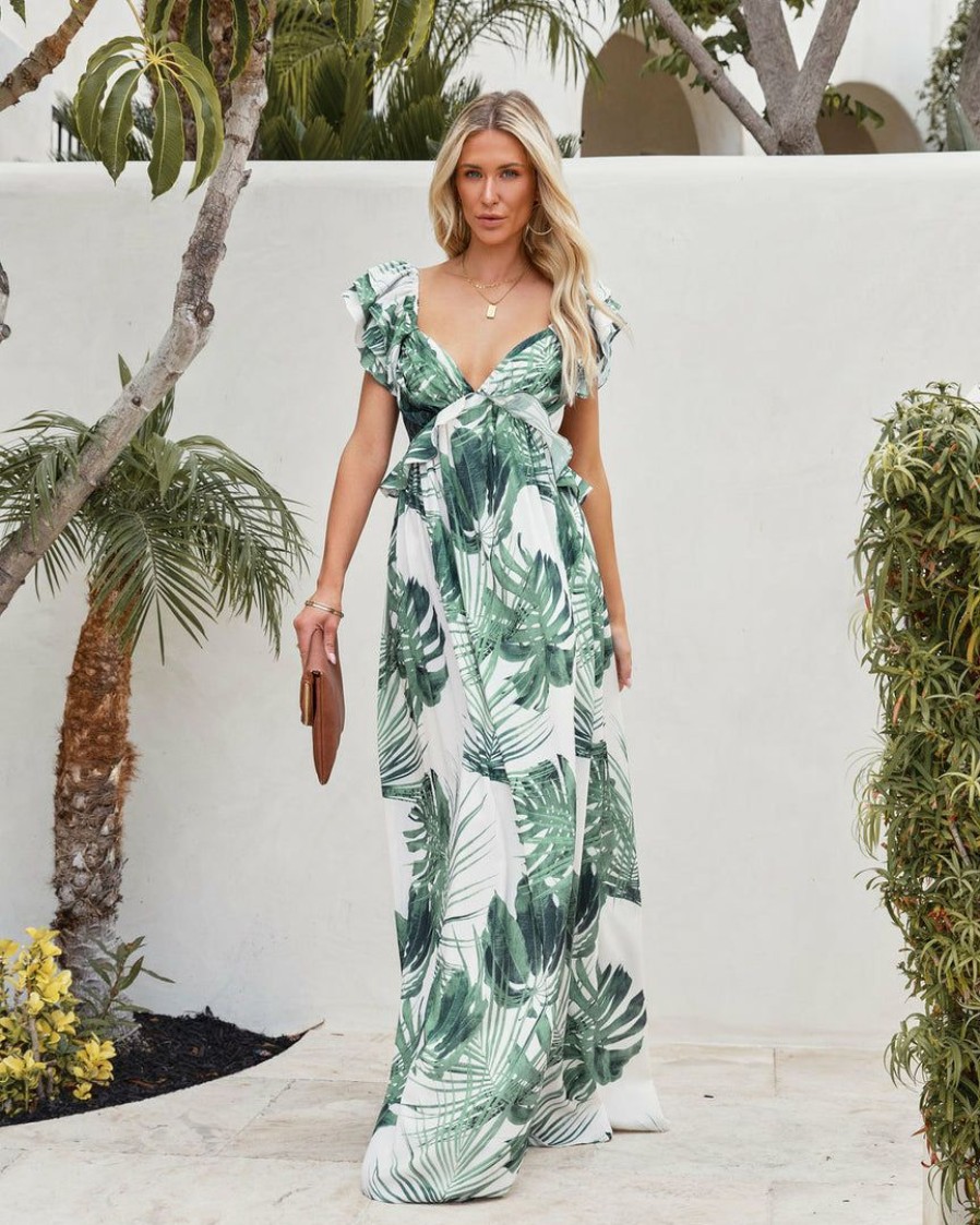 Clothing * | A.Peach Dresses Manrique Palms Ruffle Cutout Maxi Dress Final Sale