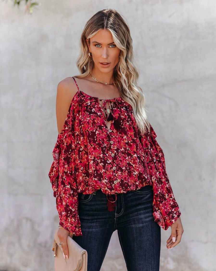 Clothing * | Oliv-001 Mercury Printed Cold Shoulder Ruffle Top Final Sale