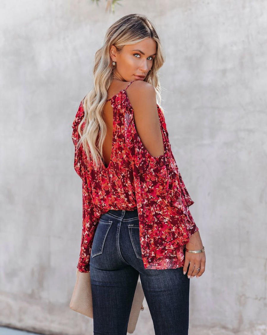 Clothing * | Oliv-001 Mercury Printed Cold Shoulder Ruffle Top Final Sale