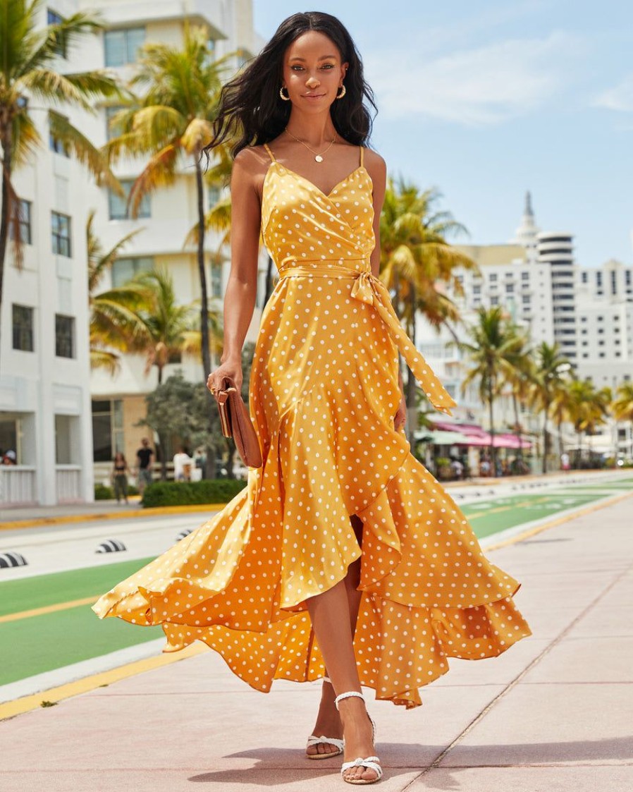 Clothing * | Salt-001 Take Me To Miami Claribella Satin Polka Dot High Low Maxi Dress Mustard