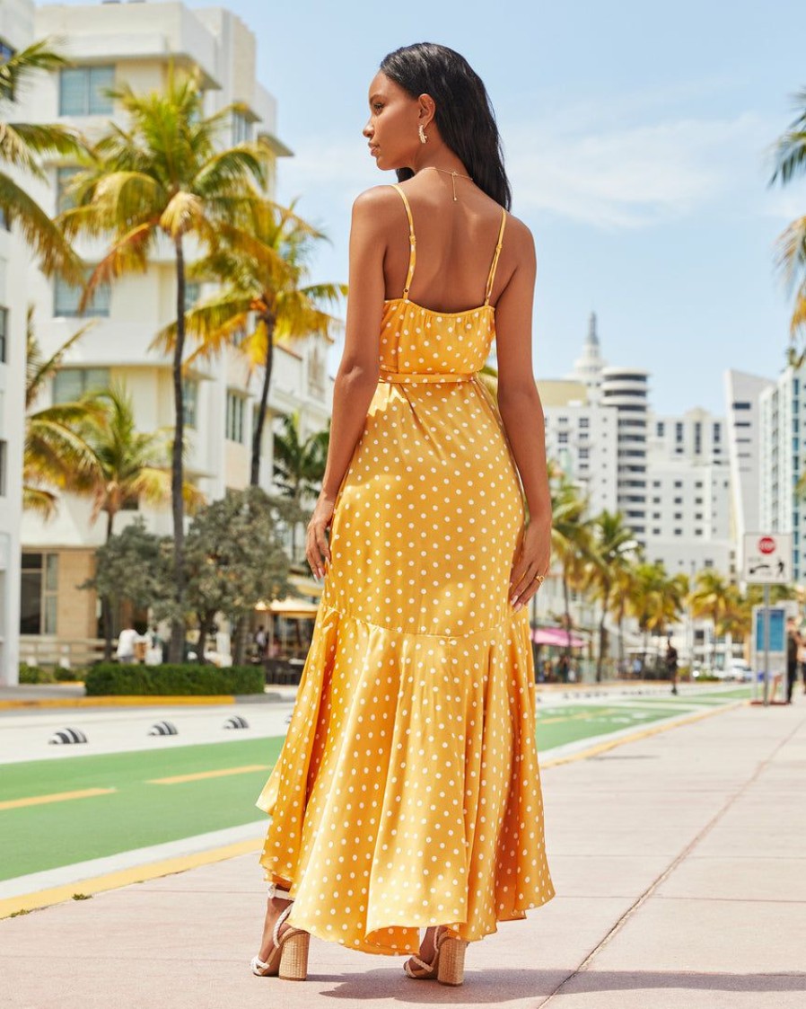 Clothing * | Salt-001 Take Me To Miami Claribella Satin Polka Dot High Low Maxi Dress Mustard