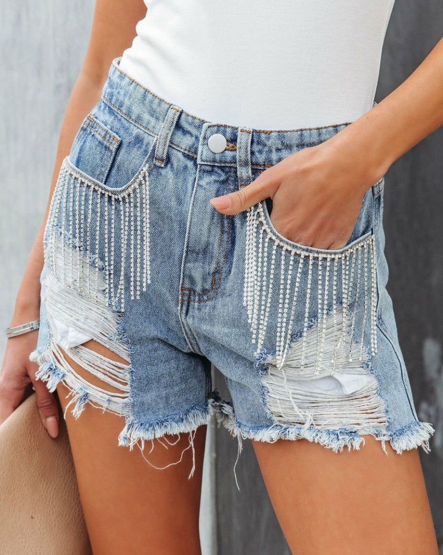 Clothing * | Pol-001 Sunny Daze Rhinestone Cowgirl Distressed Denim Shorts Denim Flash Sale