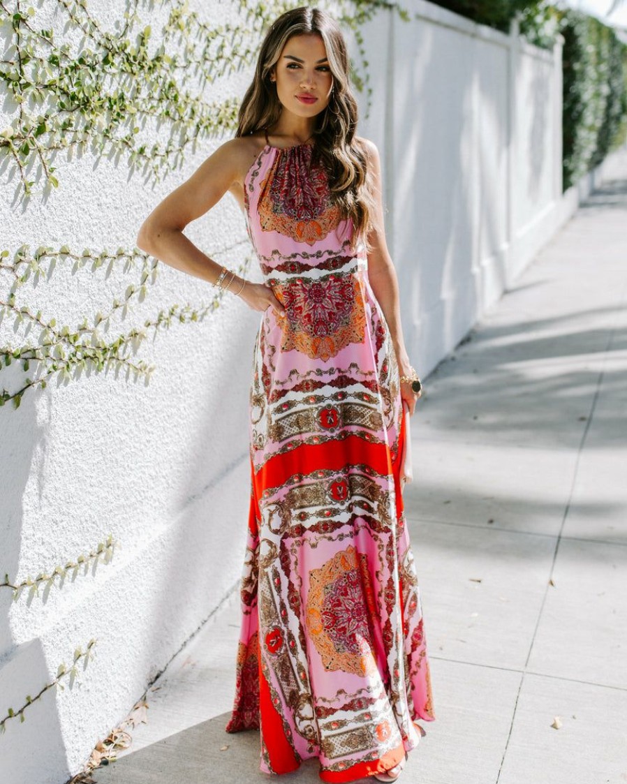 Clothing * | Aaka-001 Reina Printed Halter Maxi Dress Dresses