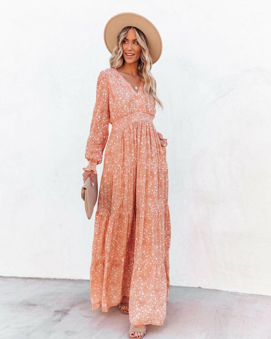 Clothing * | Btfl-001 Takeoff Star Print Pocketed Maxi Dress Peach Dresses