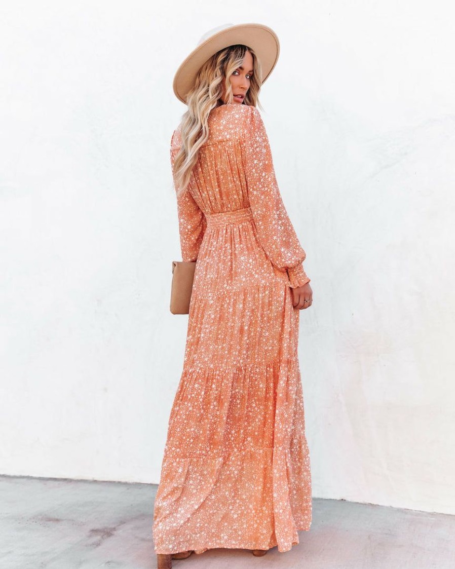 Clothing * | Btfl-001 Takeoff Star Print Pocketed Maxi Dress Peach Dresses