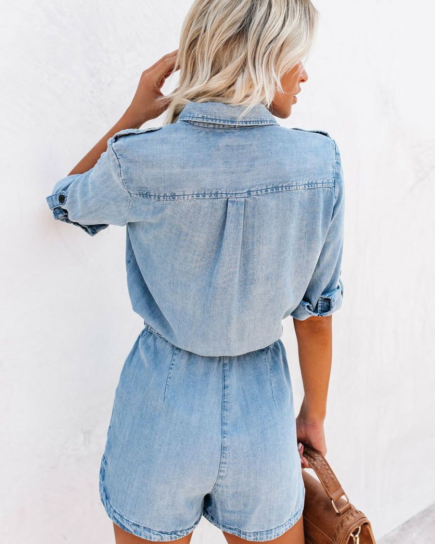 Clothing * | Velv-001 Worth The Trek Pocketed Tencel Romper Chambray