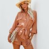 Clothing * | Oliv-001 Rompers + Jumpsuits Hotel California Cotton Button Down Utility Romper Clay Final Sale