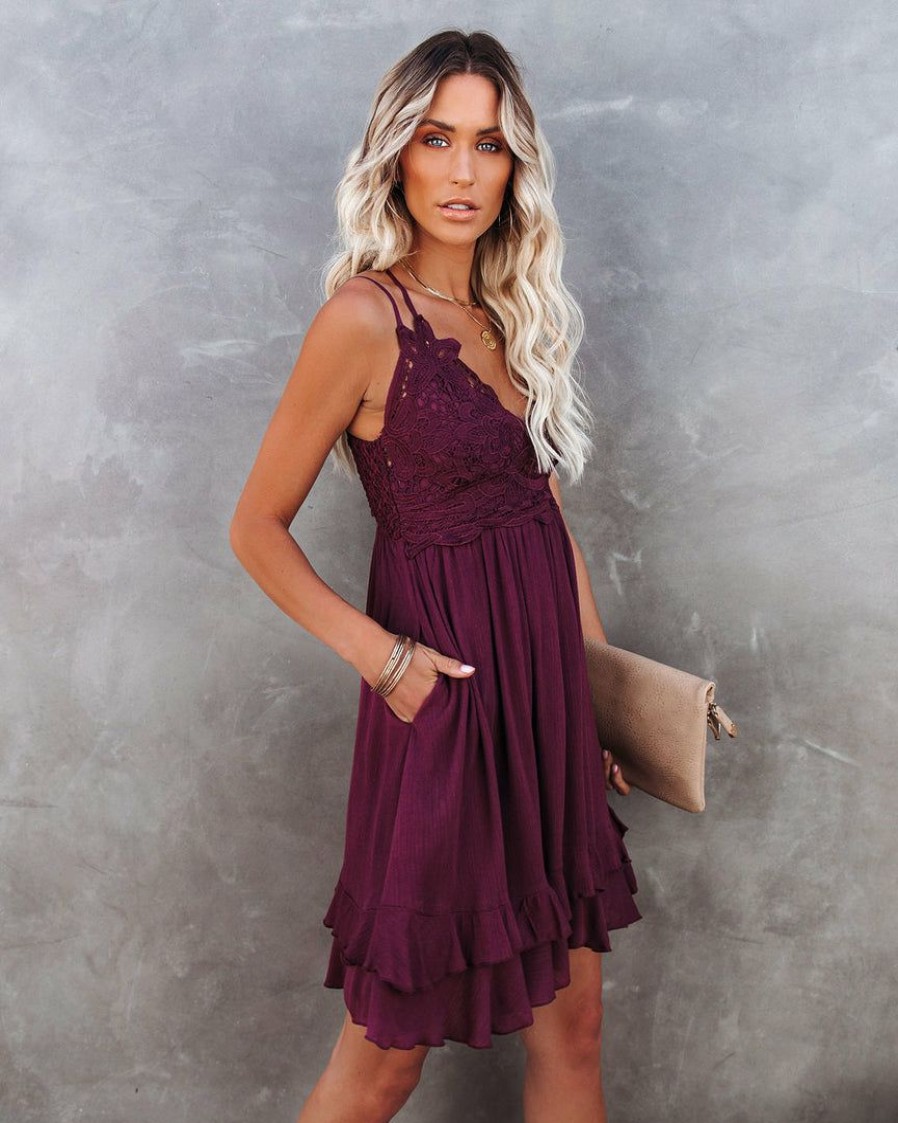 Clothing * | List-001 Best Of My Love Pocketed Lace Ruffle Dress Plum