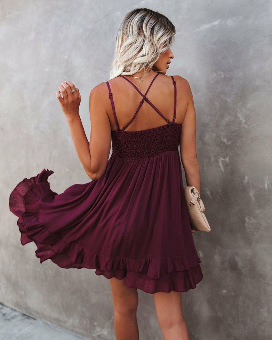 Clothing * | List-001 Best Of My Love Pocketed Lace Ruffle Dress Plum