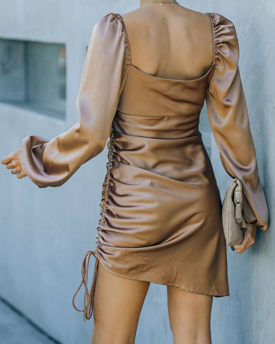 Clothing * | Emor-001 Good Looking Satin Ruched Dress Mocha Final Sale