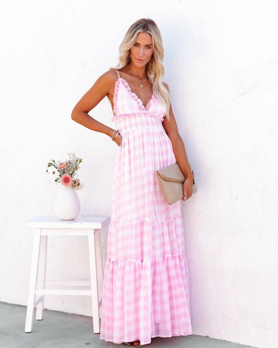 Clothing * | Mabl-001 Adore You Gingham Ruffle Maxi Dress Pink Final Sale