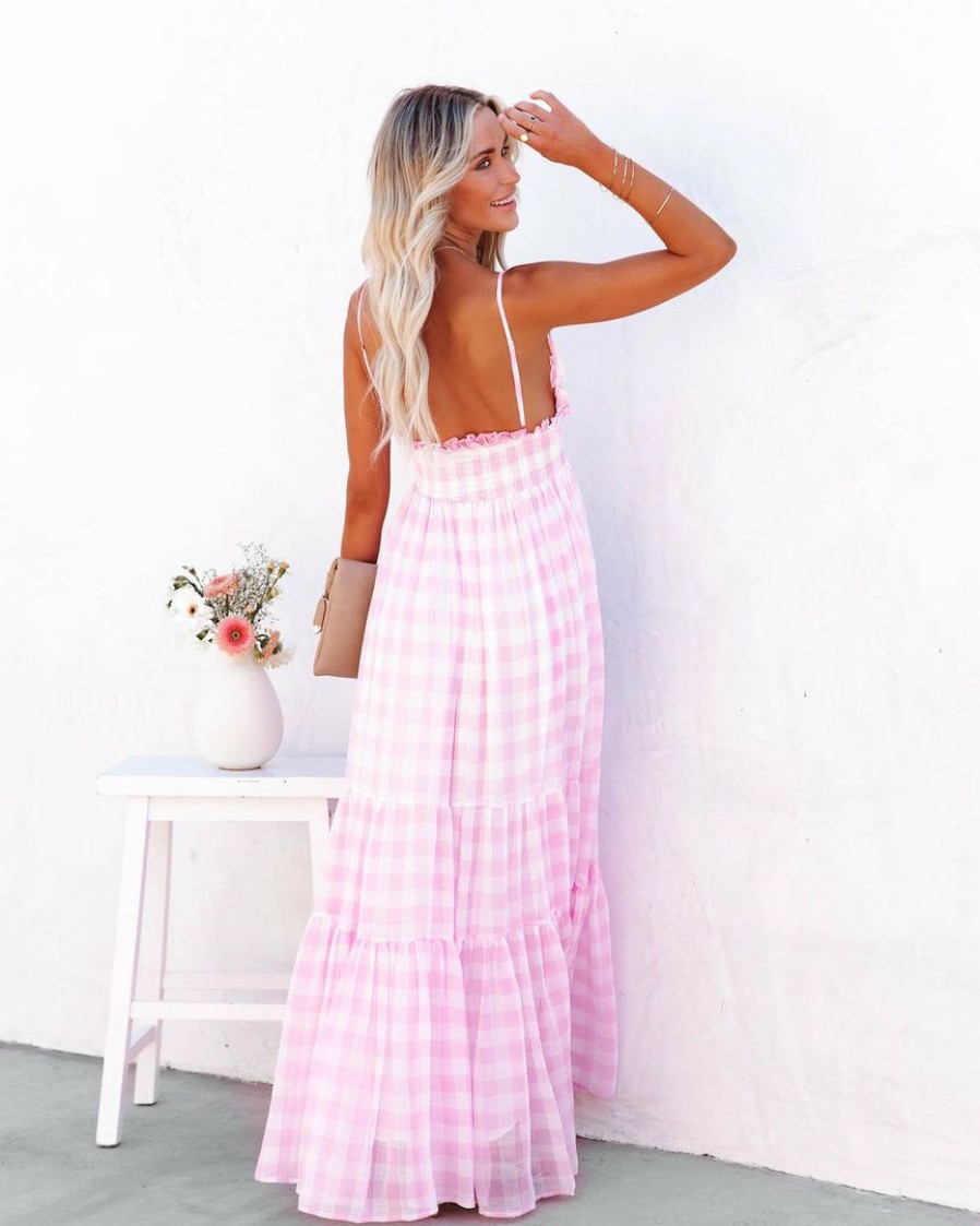 Clothing * | Mabl-001 Adore You Gingham Ruffle Maxi Dress Pink Final Sale