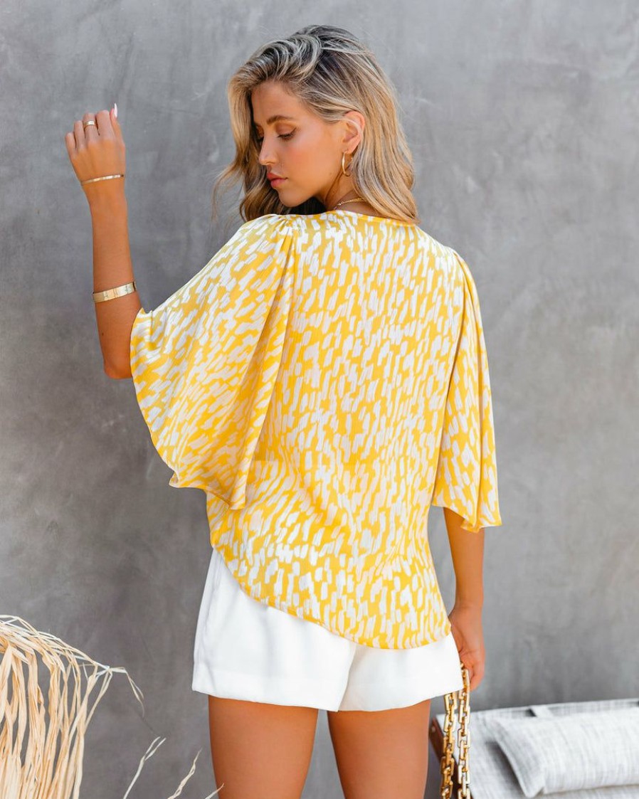 Clothing * | Tych-001 Time Flies Printed Bell Sleeve Blouse Yellow Tops