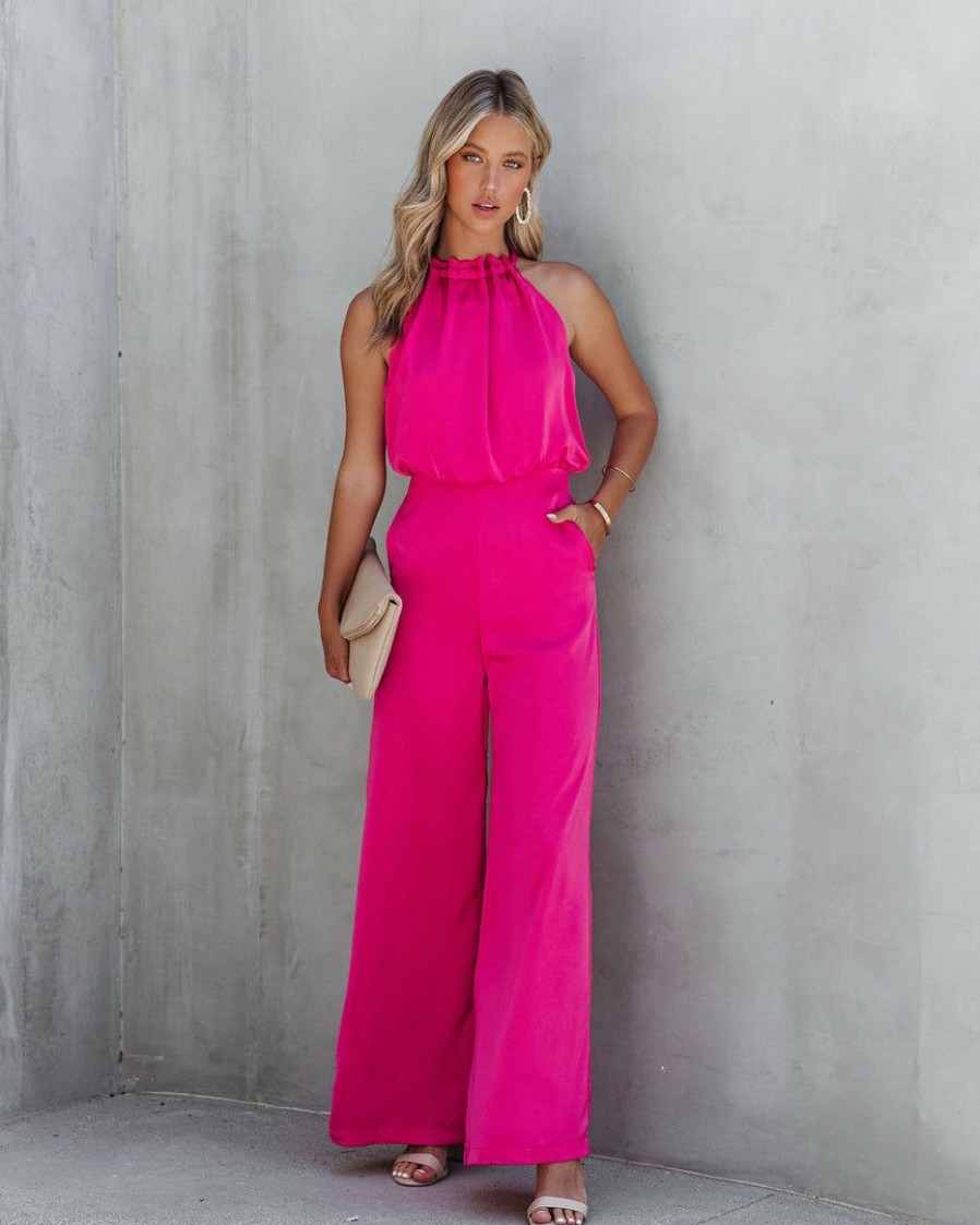 Clothing * | Do+B-001 Darlena Satin Pocketed Jumpsuit Magenta Rompers + Jumpsuits