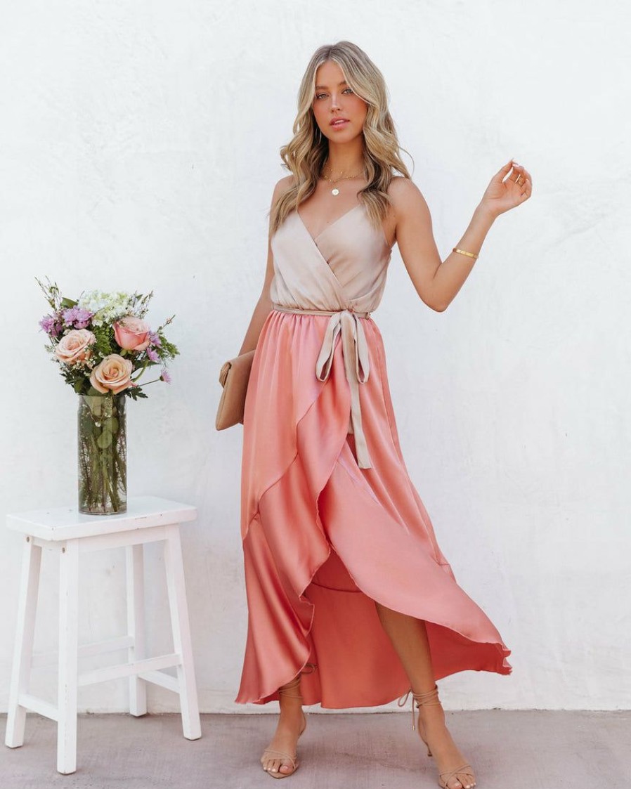 Clothing * | Tych-001 Ansley Satin Colorblock High Low Maxi Dress Nude Peach Final Sale Special Event