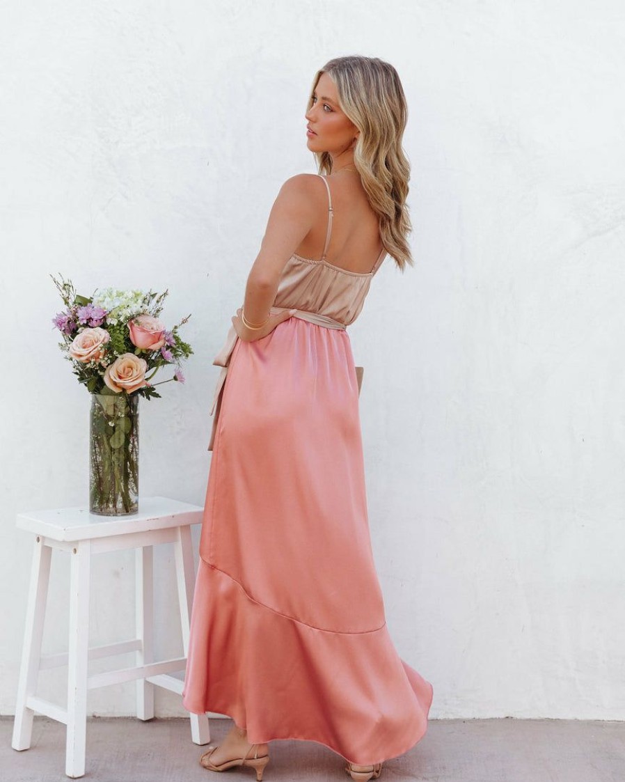 Clothing * | Tych-001 Ansley Satin Colorblock High Low Maxi Dress Nude Peach Final Sale Special Event