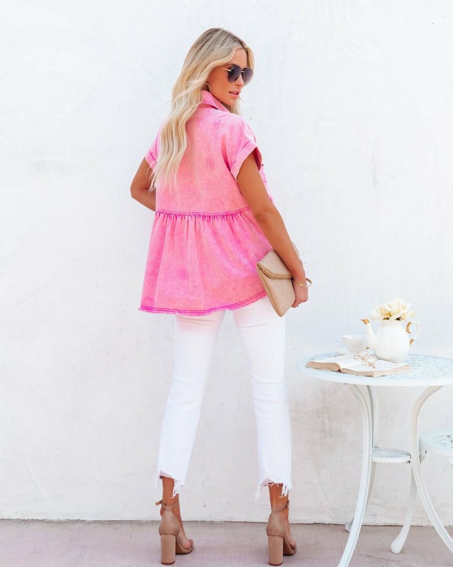 Clothing * | Entr-001 Kapri Cotton Button Down Babydoll Top Pink Final Sale Tops