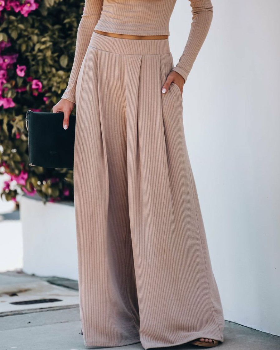 Clothing * | By T-001 Hermosa Pocketed Ribbed Wide Leg Pants Mocha Bottoms