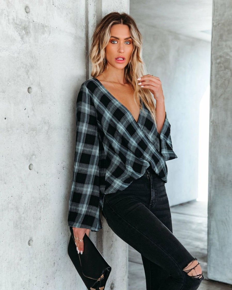 Clothing * | Enc-001 Lonzo Cotton Plaid Bell Sleeve Top Black Final Sale