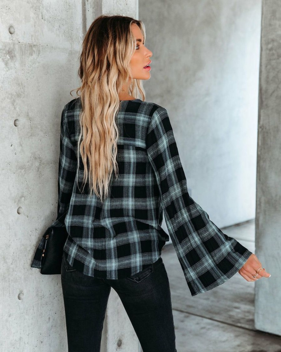 Clothing * | Enc-001 Lonzo Cotton Plaid Bell Sleeve Top Black Final Sale