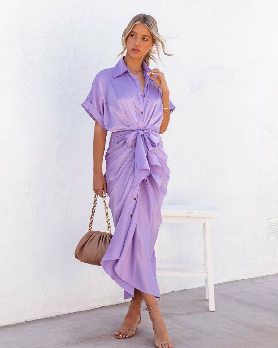 Clothing * | Mabl-001 Take Me To Miami Essence Satin Tie Front Midi Shirt Dress Lavender