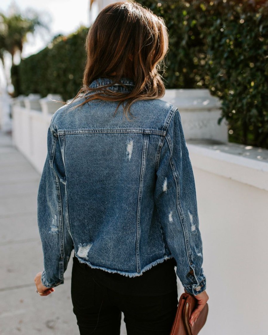 Clothing * | Verv-001 Night Rider Pocketed Distressed Denim Jacket The Denim Shop