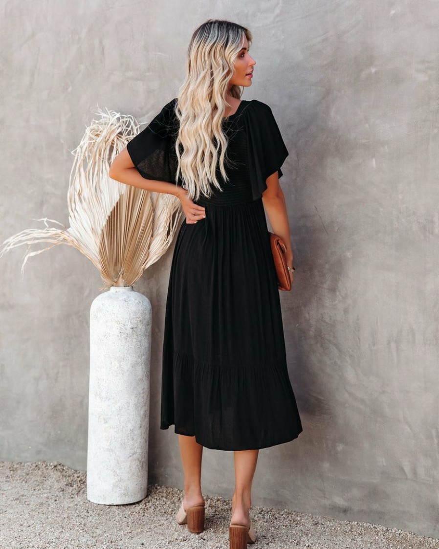 Clothing * | In L-001 Nolani Smocked Midi Dress Black Dresses